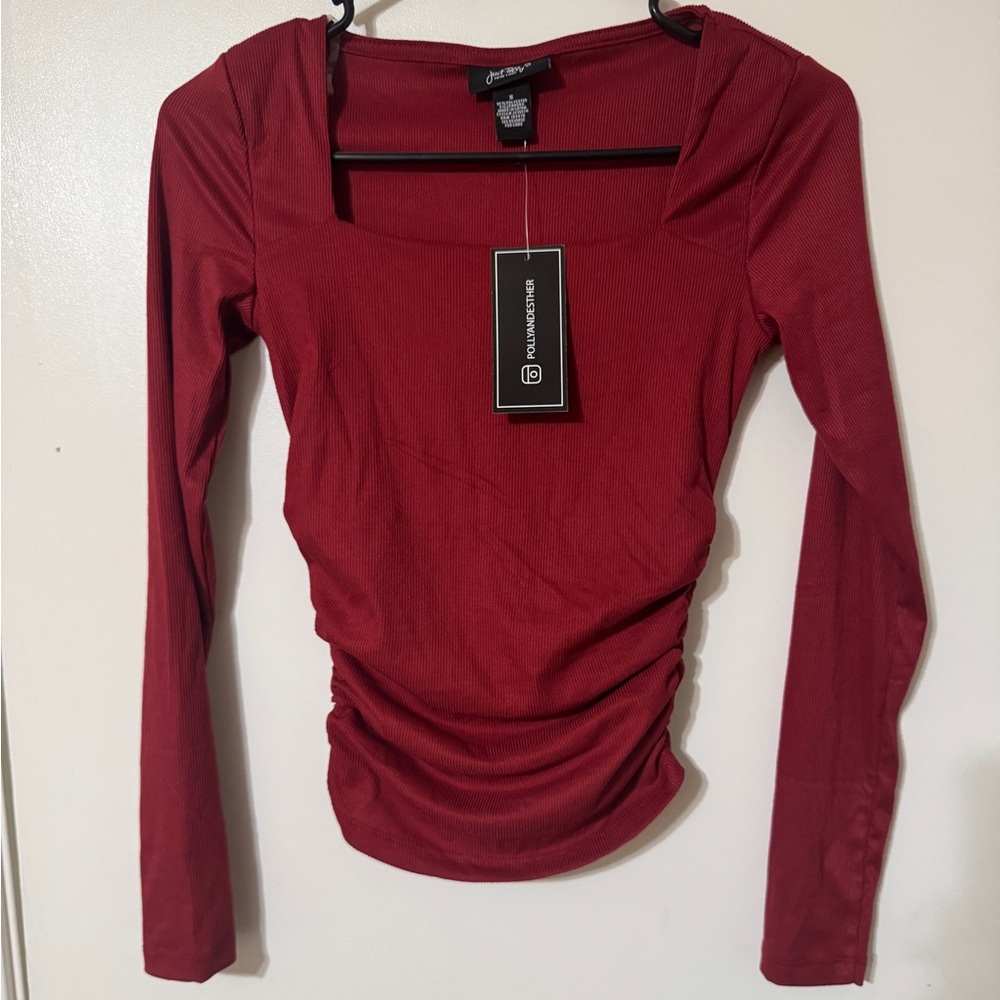 Red Square Neck Long Sleeve Blouse